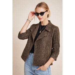 Marakesh Brown Leopard Print Faux Suede Moto Jacket XL Boho Mobwife Western Chic